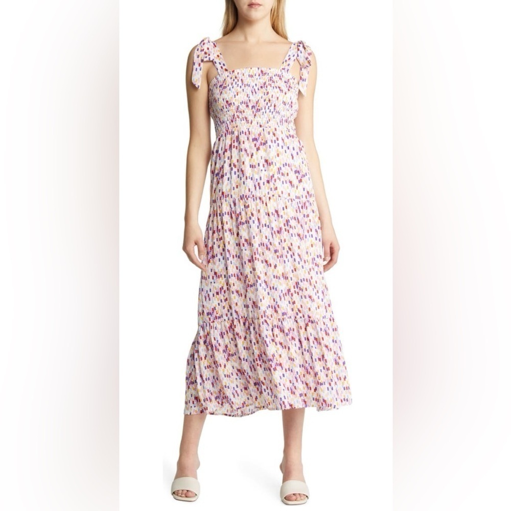 Women's Sam Edelman Confetti Smocked Bodice Maxi Dress SZ 12 White Multi